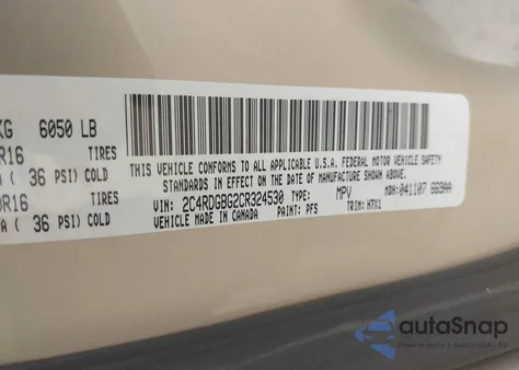 2012 Dodge Grand Caravan Se/Avp из США, поврежденный, VIN 2C4RDGBG2CR324530